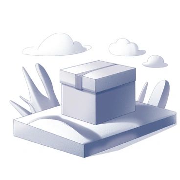 A box sitting on a flat surface in a dreamlike environment. The box appears to be transforming, with its edges and corners curving and shifting into various geometric shapes. The surrounding landscape features abstract forms and flowing lines that create a sense of motion. Some sections of the box have sides that are bulging outward, while others are compressing inward. The ground beneath the box is uneven, with gentle hills and valleys that enhance the surreal quality of the scene. There are fantastical elements in the background, such as swirling clouds and elongated shadows that add depth to the dreamscape.