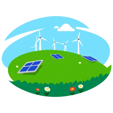 A lush green hill with a gentle slope covered in vibrant grass. On the hilltop, there are several white wind turbines, their blades spinning in the breeze. Scattered across the hill are shiny solar panels, reflecting sunlight. The sky is clear and bright blue, providing a perfect backdrop that emphasizes the importance of renewable energy sources. In the foreground, wildflowers add splashes of color, enhancing the natural beauty of the scene.