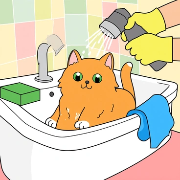 A mischievous cat reluctantly getting a bath in a sink