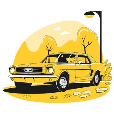 A classic Ford Mustang parked under a streetlight, its sleek body reflecting the dim light. The Mustang features a prominent grille and distinctive headlights, emphasizing its vintage design. The streetlight casts shadows on the ground, highlighting the contours of the car's frame. The surrounding street is lined with cobblestones, and a few leaves are scattered nearby, indicating the change of seasons. In the background, the silhouettes of trees can be seen against the fading light of dusk.