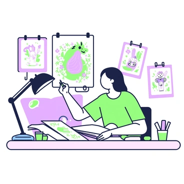 An illustrator is seated at a large wooden desk covered with art supplies and papers. They are focused on creating new illustrations for a children's book. The illustrator has a pencil in their right hand and is adding details to a colorful illustration of a playful dragon surrounded by flowers. Next to them, a sketchbook displays various characters, including a cheerful rabbit and a mischievous fox. There are paint tubes and brushes scattered across the desk, and a soft light is shining from a lamp, illuminating the creative workspace. On the wall behind, several completed illustrations are pinned up, showcasing bright and imaginative scenes.