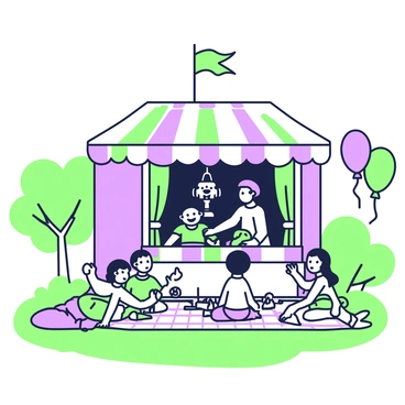 A whimsical puppet kiosk is set up in a park, surrounded by green grass and trees. The kiosk is adorned with colorful patterns and features a large puppet stage at the front. Two puppeteers are actively performing behind the stage, one is manipulating a marionette, while the other is operating a hand puppet. A group of children, smiling and engaged, are gathered in front of the stage, sitting on a picnic blanket. One child is clapping in delight, while another points excitedly at the puppets. Balloons in various shapes are tied to the sides of the kiosk, adding to the festive atmosphere.