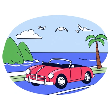 A classic roadster convertible with a bright red exterior is driving along a scenic coastal road. The car has a sleek design, with shiny chrome accents and a soft black top folded down. The road is surrounded by lush green cliffs and the sparkling blue ocean stretches out on one side. In the background, seagulls soar above the waves, and fluffy white clouds drift across a clear sky. A few palm trees dot the roadside, swaying gently in the breeze.