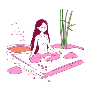 A pink cartoon girl with long hair is sitting cross-legged in a meditative pose on a smooth white stone in a traditional zen garden. She is wearing a simple white yoga outfit, and her eyes are closed in concentration. Surrounding her are carefully raked patterns of light-colored sand, alongside neatly arranged rocks of varying sizes. Delicate green bamboo stalks are visible in the background, gently swaying in the breeze, while a small orange koi pond reflects the sunlight nearby. A few scattered cherry blossom petals trail across the scene, adding a touch of color.