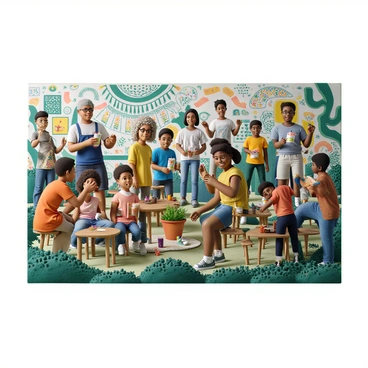 A large mural filled with diverse individuals of various ages and ethnicities collaboratively engaging in different activities. In the foreground, a young girl with curly hair is painting with bright colors alongside an elderly man with gray hair, both smiling. Nearby, a middle-aged woman with dark skin is planting flowers, while a group of teenagers of different backgrounds are setting up tables and chairs for a community event. Vibrant colors dominate the scene, with intricate patterns and designs in the background representing unity and cooperation. Each person is depicted with detailed features and expressions that convey joy and teamwork.