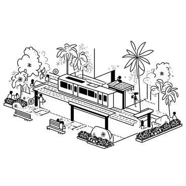 A tram station is set within a spacious botanical garden. The station features a wooden platform with a modern tram waiting to depart. Surrounding the station are a variety of lush plants, including tall tropical trees and colorful flowering bushes, meticulously arranged in eye-catching patterns. Visitors can be seen strolling along paved paths, admiring the vibrant foliage and intricate floral displays. Benches made of natural wood line the pathways, providing spots for relaxation. The sky is clear, accentuating the beauty of the garden's greenery.