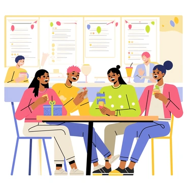 A cafeteria scene featuring a group of four friends sitting at a wooden table. Two friends are smiling as they exchange small, wrapped gifts. One gift is bright blue with a red ribbon, and the other is green with yellow polka dots. The third friend is laughing and holding a sandwich, while the fourth friend is sipping from a colorful drink. The background shows a varied menu board and other diners enjoying their meals. The atmosphere is lively with colorful decorations adorning the walls.