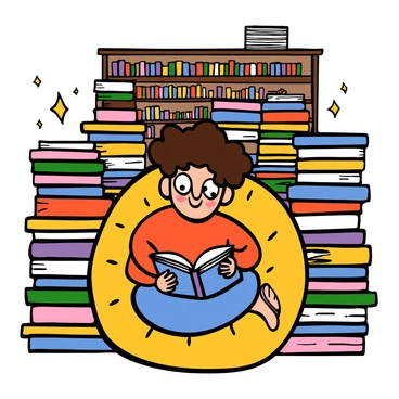 A young girl named "Matilda" with light skin and curly brown hair is sitting on a large, comfortable beanbag chair in a cozy library. She is wearing a red sweater and blue jeans. Around her, there are towering piles of colorful books stacked high, creating a magical atmosphere. The library has warm lighting, and there are shelves filled with books in the background. Matilda is holding an open book in her lap, looking up with big eyes, as if deep in thought or imagination.