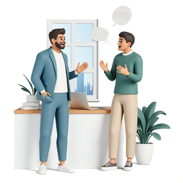 A business owner, wearing a blue blazer and a white shirt, stands with a wide smile, engaged in conversation with a client. The client, dressed in a green sweater and khaki pants, is animatedly sharing their positive testimonial, gesturing with their hands. They are standing in a modern office environment, with a large window showing a cityscape in the background. A wooden desk with a laptop and some documents is visible nearby, while a potted plant adds a touch of greenery to the scene.