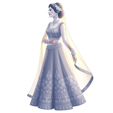 A bride wearing a detailed lehenga with intricate embroidery and embellishments. The lehenga features a full skirt that flows elegantly, and the bride's hands are adorned with traditional mehndi designs. Her hair is styled in an elaborate updo, embellished with floral accessories. The scene is set outdoors, with the warm glow of the setting sun casting soft shadows and highlighting the textures of the lehenga. The bride stands gracefully, with a serene expression, capturing the essence of a joyful moment.