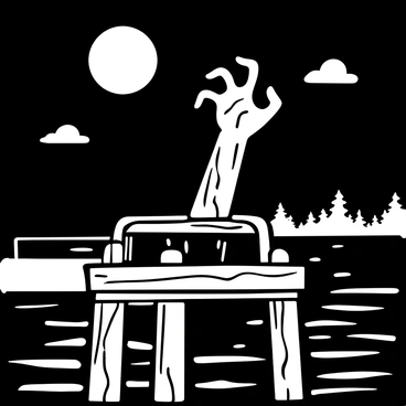 A "zombie hand" emerging from the darkness, gripping an old wooden "railing" of a "pier". The "moonlight" casts shadows, illuminating the weathered texture of the wood and highlighting the "calm waters" below. The surface of the water reflects the light of the moon, creating a serene contrast to the eerie scene. The background includes silhouettes of distant trees and a few scattered clouds in the night sky.