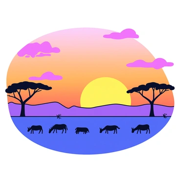 A vast savannah landscape during sunset. The sky is filled with shades of orange and pink as the sun sets on the horizon. Silhouettes of several acacia trees are visible, their distinct flat tops outlined against the colorful sky. In the foreground, a group of grazing animals, including a few antelopes and zebras, peacefully feed on the grasses. The overall scene captures the expansive open space of the savannah with the soft glow of twilight.
