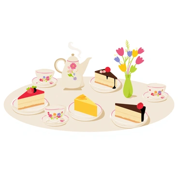 A fancy tea party set on a richly decorated table with a crisp white tablecloth. Various types of cheesecakes are arranged on elegant plates, showcasing flavors such as strawberry, chocolate, and lemon. Each cheesecake is adorned with decorative toppings like fresh fruit and chocolate drizzles. Delicate fine china teacups and saucers are placed beside the plates, featuring intricate floral patterns. A vintage teapot with a floral design stands prominently in the center of the table, with steam gently rising from it. Fresh flowers in a small vase add a touch of color and elegance to the scene.