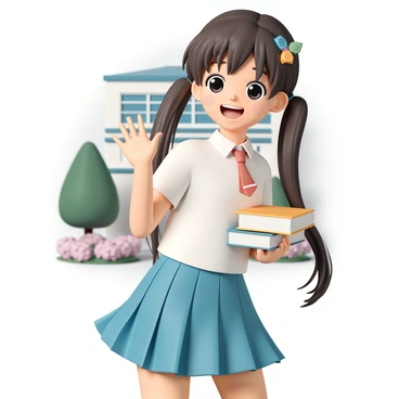 A cheerful anime school girl is standing with a bright smile. She is wearing a vibrant school uniform consisting of a short-sleeve white blouse, a blue pleated skirt, and a red necktie. Her long, flowing hair is styled in pigtails, with one side adorned with a colorful hairpin. The girl is holding a stack of books in one hand, and her other hand is raised in a friendly wave. Her large, sparkling eyes convey enthusiasm as she stands in front of a school building, with trees and flowers in the background.