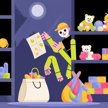 A puppet thief with wooden limbs and a mischievous grin is crouched behind a shelf in a toy store. The store is dimly lit, with moonlight streaming through the windows. Various toys are scattered around, including plush bears and colorful building blocks. The puppet thief is holding a small map in one hand, detailing the layout of the store, while a bag filled with shiny toys is at his feet. Shadows cast by the shelves create an atmosphere of suspense, as the thief carefully observes the surroundings, ready to execute his plan.