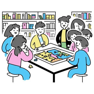 A cozy bookstore filled with wooden shelves stocked with colorful books. In the center, there is a large, intricate puzzle laid out on a wooden table. The puzzle pieces are vibrant and varied, depicting a whimsical scene. Visitors, a mix of different ages, are gathered around the table, actively working together to complete the puzzle. Some are smiling and chatting, while others are concentrated on fitting pieces together. The warm lighting creates a welcoming atmosphere, inviting more people to join in the interactive game.