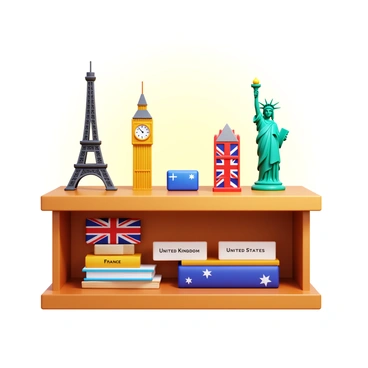 A collection of small souvenirs, including a miniature Eiffel Tower, a tiny Big Ben, and a small Statue of Liberty, all displayed together on a wooden shelf. Each souvenir has a label with the name of the country it represents, such as "France," "United Kingdom," and "United States." The background features a softly lit room that enhances the charm of the souvenirs, creating a warm and inviting atmosphere.