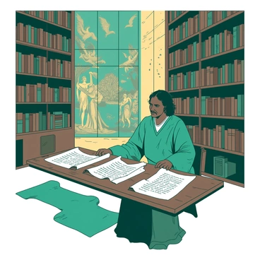 A teal scholar with a flowing white robe is seated at a large wooden table in the center of a grand library. The table is covered with several open scrolls, displaying intricate ancient text. Towering bookshelves filled with leather-bound volumes rise up around the scholar, their spines worn and aged. The walls of the library are adorned with detailed frescoes depicting various scenes from ancient Greek mythology. A soft golden light filters through high arched windows, illuminating dust particles in the air as the scholar intently studies the scrolls, surrounded by an atmosphere of knowledge and history.