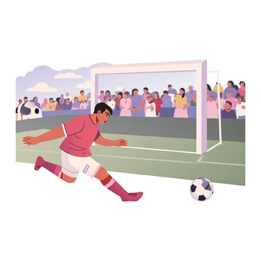 A soccer player in mid-action, with a focused expression on his face, is attempting to kick the ball. He has medium skin and short black hair, wearing a bright red jersey with white shorts and red cleats. His body is slightly leaned forward, showing the intensity of his effort. The soccer ball is in motion, passing through a small gap between the goalposts, which are painted white and set against a green field. The background includes a blurred crowd of fans, wearing various team colors, cheering and watching the game unfold. The sky is clear with a few clouds, indicating a sunny day for the match.