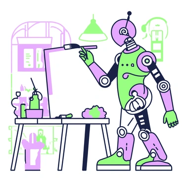 An automaton artist is standing in front of a blank canvas. The artist is composed of intricate mechanical components, with visible gears and pulleys that showcase its functionality. The automaton holds a paintbrush in its right hand, poised above the canvas. The left arm is designed to adjust the angle of the brush with precise movements. The canvas is mounted on an easel, and a small palette with blobs of paint is placed nearby on a table. The background features a workshop filled with various art supplies and tools, subtly arranged to complement the scene.