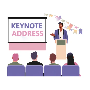 A digital flat illustration depicting an executive standing at a podium delivering a keynote speech. The executive is a woman with dark skin and short curly hair, wearing a navy blue blazer and white blouse. She is gesturing with her right hand while holding a microphone in her left hand. Behind her is a large screen displaying the text "Keynote Address" in bold letters. The audience is seated in front of the podium, with a diverse group of individuals, some taking notes and others looking attentively at the speaker. Colorful banners hang from the ceiling, adding to the corporate atmosphere of the conference.