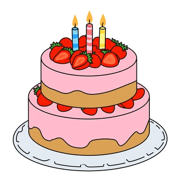 A large round birthday cake with three layers, each layer covered in smooth pink icing. The top of the cake is adorned with an arrangement of fresh red strawberries, some whole and some sliced, creating a vibrant contrast against the pink icing. Around the sides of the cake, smaller strawberries are placed evenly, adding to the decoration. The cake sits on a white decorative plate with a subtle design. A few colorful candles are positioned on top of the cake, ready to be lit for a birthday celebration.