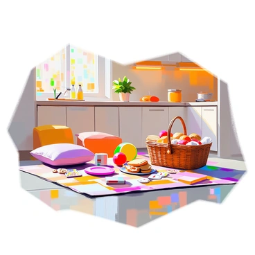 A fun indoor picnic setup on the kitchen floor features a colorful blanket spread out, with a woven picnic basket placed at one side. The basket is partially open, revealing an assortment of snacks like sandwiches, fruit, and cookies. Scattered around the blanket are various games, including a deck of cards, a board game, and a frisbee. The kitchen has warm lighting, and the walls are lined with cheerful decorations. A couple of cushions are arranged near the blanket, inviting people to sit and enjoy the picnic.