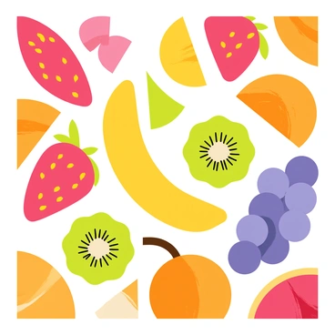 A colorful mosaic featuring an array of sliced fruits. The mosaic includes vibrant pieces of red strawberries, yellow bananas, green kiwis, orange oranges, and purple grapes arranged in a geometric pattern. Each slice showcases the fresh textures and colors of the fruits, creating a visually striking composition. The background is a simple white surface, allowing the bright colors of the fruits to stand out vividly.