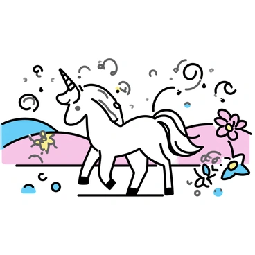A unicorn with a shimmering white coat and a spiraled horn is walking gracefully across a landscape. The background features rolling hills with unusual colors, swirling patterns in the sky, and oversized, whimsical flowers. The ground is a soft, curved surface dotted with glowing orbs. The unicorn's mane flows elegantly, reflecting various pastel shades, as it explores this surreal environment.