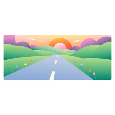 A wide highway stretches across the image, cutting through gently rolling hills. The hills are covered in lush green grass, contrasting with the warm colors of the sky. The sunset casts shades of orange, pink, and purple across the clouds, creating a vibrant backdrop. The road is empty, leading the viewer's eye toward the horizon where the sun is dipping below the hills. Small wildflowers in various colors are scattered along the sides of the highway, adding additional pops of color to the scene.