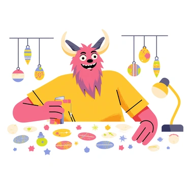Krampus making ornaments at a crafting table with a glue gun