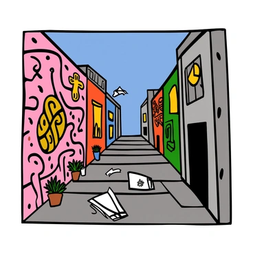 A street scene featuring a narrow alleyway lined with buildings. The walls are covered with vibrant graffiti art, displaying a variety of colorful designs and intricate patterns. The buildings have a mix of brick and concrete textures, with some showing signs of wear. A few small potted plants are placed near the entrance of one of the buildings. The ground is paved with cobblestones, and a gentle breeze rustles loose papers scattered around. A clear blue sky is visible above the buildings, adding to the lively atmosphere of the scene.