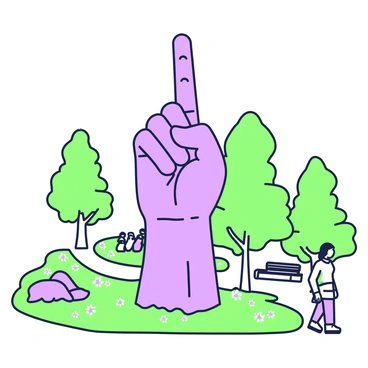 A stone sculpture of a giant hand is positioned prominently in a park. The hand is crafted with intricate details, showcasing the texture of the stone, with visible carvings that emphasize the knuckles and fingernails. The raised finger points upwards, symbolizing a gesture of significance. Surrounding the sculpture, there is a well-kept grassy area dotted with small flowers and a few benches. In the background, you can see tall trees that provide shade, adding to the serene ambiance of the park. Some visitors can be seen walking along the pathways, admiring the sculpture.