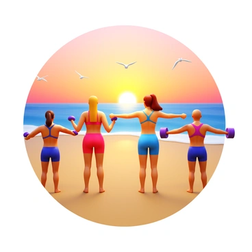 A small group of friends performing reverse fly exercises on a sandy beach. The sun is rising in the background, casting a warm golden light across the scene. The friends are in various athletic outfits, focused on their movements. One friend is holding dumbbells, while another is stretching their arms wide. The ocean waves are gently lapping at the shore, and a few seagulls can be seen flying in the distance. The sky is painted with hues of orange and pink, creating a vibrant atmosphere.