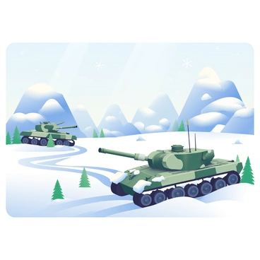 An expansive icy landscape stretches out under a pale blue sky. The ground is covered in thick layers of white snow, with glistening icicles hanging from rocky outcrops in the distance. In the foreground, there is military equipment partially buried in the snow, including a camouflaged tank and several armored vehicles. The vehicles are adorned with frost, and their tracks lead back into the snowy expanse. A few evergreen trees peek through the snow, adding a touch of green to the stark white scenery. Light flurries of snowflakes drift down, softly settling on the equipment.