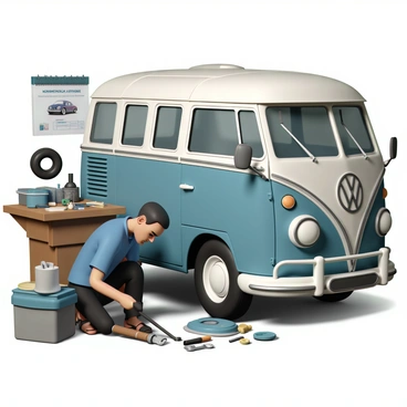 A vintage bus, painted in a faded shade of blue with chrome accents, is positioned in a cluttered garage. The bus's windows are partially covered with dust, and its tires are slightly flat. A mechanic, wearing a blue work shirt and black pants, is kneeling beside the bus, carefully examining the engine. Tools such as wrenches, screwdrivers, and a rusted hammer are scattered on a wooden workbench nearby. Shadows dance on the walls from a small overhead light, illuminating the chaos of the garage, which is filled with spare parts, old tires, and a stack of manuals. A calendar on the wall has a picture of vintage cars from the 1960s.