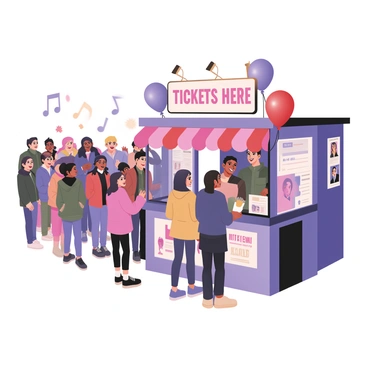 A digital flat illustration depicting a vibrant concert ticket booth. In the foreground, a long line of excited fans is waiting to purchase tickets. The fans consist of a diverse group of individuals with varying skin tones, hairstyles, and outfits, showcasing a mix of colorful clothing and accessories. The ticket booth is adorned with bright lights and posters of the performing artists. A vendor behind the booth is handing out tickets, smiling broadly. Balloons in shades of red and blue are tied to the booth, and a "Tickets Here" sign is prominently displayed above. The background shows a festive atmosphere with music notes and cheering fans creating a lively energy.