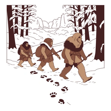 A group of Neanderthals is carefully moving through a snow-covered forest, leaving distinct footprints in the fresh snow. The Neanderthals are dressed in thick, fur-lined garments to keep warm, with one holding a wooden spear and another carrying a slung leather bag. Tall, snow-covered trees surround them, their branches heavy with snow. In the background, hints of animal tracks can be seen leading away from a nearby thicket. The atmosphere is tranquil, with a soft layer of snow blanketing the ground and icicles hanging from the branches above.