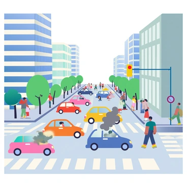 A busy city street is filled with various cars of different colors and sizes. Each car has visible exhaust pipes from which gray smoke is being emitted, representing carbon dioxide. The road is lined with tall buildings made of glass and concrete, showcasing urban architecture. Pedestrians are walking along the sidewalks, some are waiting at a crosswalk while others are engaged in conversations. Traffic lights and street signs are positioned at intersections, and there are trees lining the street providing green accents amidst the bustling scene.