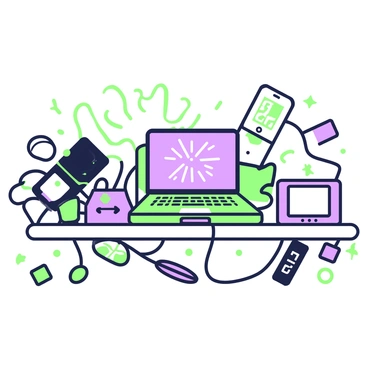 A cluttered desk filled with various electronic gadgets. In the center, there is a laptop with a cracked screen, emitting sparks from the keyboard. To the left, a smartphone lies upside down with a flickering display, next to a tangled mess of charging cables. On the right, a gaming console shows signs of malfunction, with a red light blinking on its surface. Scattered around are batteries, a broken tablet with a shattered screen, and a digital clock that displays an incorrect time. A coffee cup sits precariously on the edge of the desk, adding to the chaotic atmosphere.