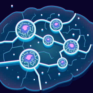 A microscopic view of brain cells connected by digital threads