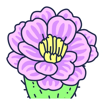 A detailed close-up image of a cactus flower in full bloom. The flower features multiple intricate petals that are layered and slightly curled at the edges. Each petal displays a textured surface with a visible pattern. The center of the flower contains a cluster of bright yellow stamens, surrounded by delicate, thin filaments. The flower is set against the green spines of the cactus, highlighting the contrast between the vibrant petals and the textured surface of the plant.