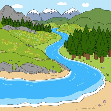 A river flowing through different landscapes from mountain to ocean