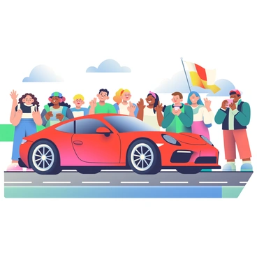 A sleek, shiny Porsche in a vibrant red color is parked on a racetrack. The vehicle has intricate details, including an aerodynamic design and shiny alloy wheels. Surrounding the car, a diverse group of excited spectators is standing, with wide smiles and hands raised in excitement. Some spectators are taking pictures with their cameras and smartphones. In the background, there are colorful banners and flags flapping in the wind, adding to the lively atmosphere of the track day event. The track is paved and has markings for lanes, and the sky is clear with a few fluffy clouds.