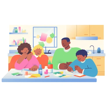 A family is gathered around a kitchen table covered in various art supplies. The table is filled with colorful sheets of paper, scissors, glue bottles, and markers. Two children, one with curly brown hair and the other with straight black hair, are cutting out shapes for their flag crafts. The parents, a woman with long blonde hair and a man with short dark hair, are helping the children create their designs. The kitchen has warm wooden cabinets and a window letting in natural light, providing a cheerful atmosphere for the crafting session. The flags begin to take shape, showcasing different colors and patterns.