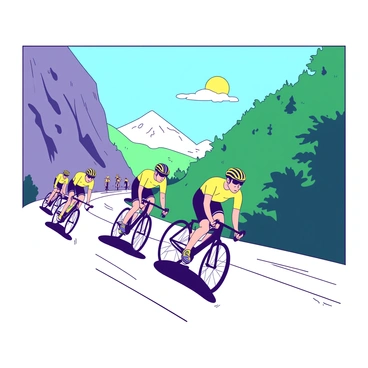 A group of cyclists in bright yellow jerseys is racing closely together on a winding mountain road. The cyclists are focused and pedaling vigorously, with their bikes angled sharply as they navigate through the curves. The road is surrounded by steep, rocky cliffs on one side and a lush, green forest on the other. The sun is shining brightly, creating a vibrant atmosphere as they compete against each other in this challenging terrain.