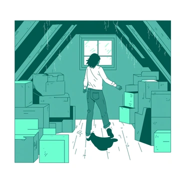 A teal small attic space is cluttered with various cardboard boxes stacked haphazardly against the walls. Cobwebs dangle from the exposed wooden beams overhead, creating a sense of neglect. In the center of the attic, a person dressed in a white shirt and jeans is carefully moving among the boxes, their posture cautious as they navigate the tight space. Sunlight streams in through a dusty window, casting soft shadows across the wooden floor. The atmosphere conveys a sense of discovery and nostalgia, as if the person is searching for something hidden among the forgotten items.