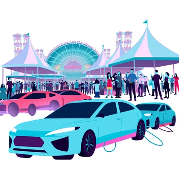 A vibrant music festival scene filled with crowds of people enjoying the festivities. There are various tents set up, each adorned with colorful decorations and banners. In the foreground, several sleek electric cars are parked, with charging cables connected to them, indicating their powered-up status. The atmosphere is lively, with attendees dancing and smiling, some holding drinks or snacks. In the background, a stage is visible, featuring musicians performing under bright lights, adding to the energetic ambiance of the festival.