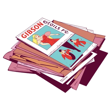 A stack of vintage fashion magazines is arranged neatly on a wooden table. The top magazine features a colorful cover showcasing a "Gibson girl" in an elegant, flowing dress with intricate lace details. The girl is posed gracefully, with her hair styled in soft waves. Below her, the other magazine covers display various "Gibson girls" wearing stylish outfits, each with unique accessories and fashionable hats. The stack of magazines has a slight tilt, and the soft light casts gentle shadows across the table's surface, enhancing the nostalgic feel of the scene.