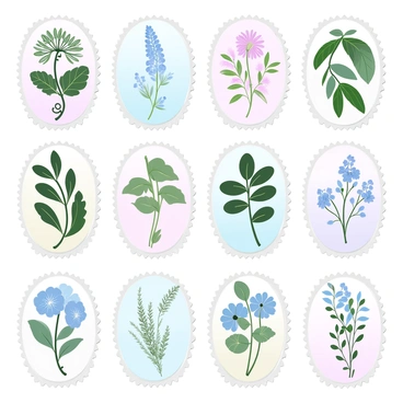 A collection of vintage botanical stamps featuring different plants and flowers.